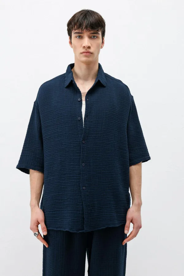 Müslin Kumaş Rahat Kalıp Keten Takım Lacivert