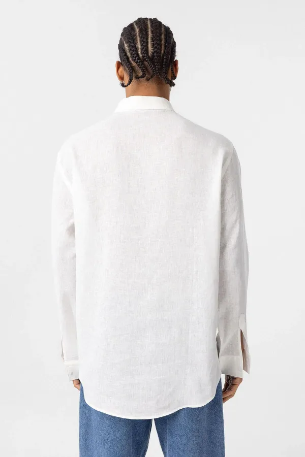 Basic Oversize Uzun Kollu Keten Gömlek Beyaz