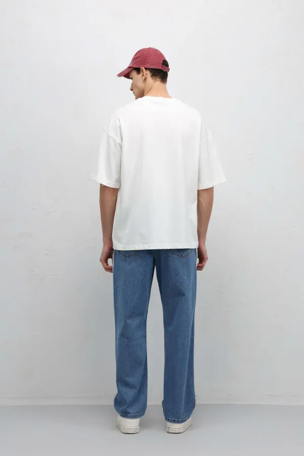 Basic Oversize Bisiklet Yaka Tişört Ekru