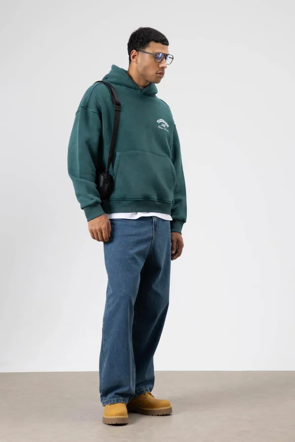 Oversize Yıkamalı Boxy Fit Kapüşonlu Sweatshirt Nefti