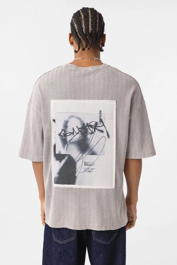 Yıkamalı Arka Baskılı Oversize Tişört Taş