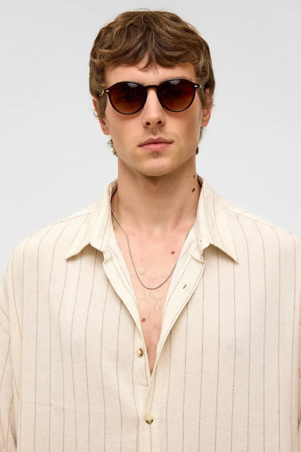 Oversize Çizgili Kısa Kollu Keten Gömlek Vizon