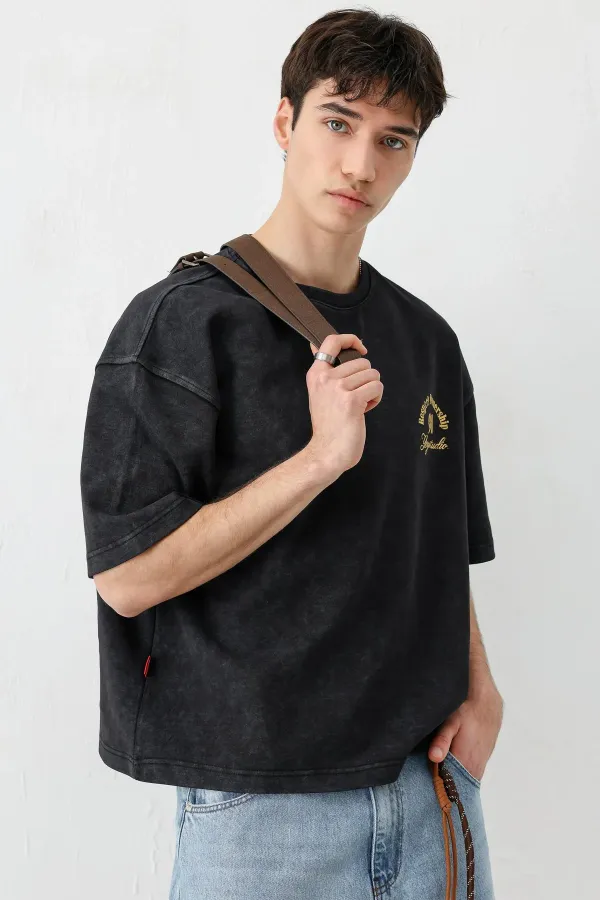 Kısa Kollu Boxy Fit Baskılı Tişört Siyah