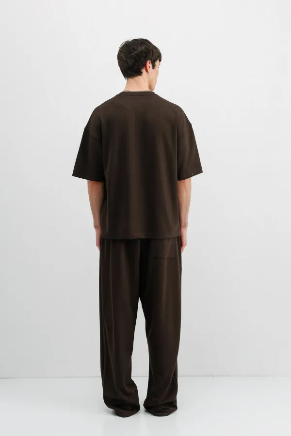 Fitilli Dokulu Oversize Tişört Koyu Kahve
