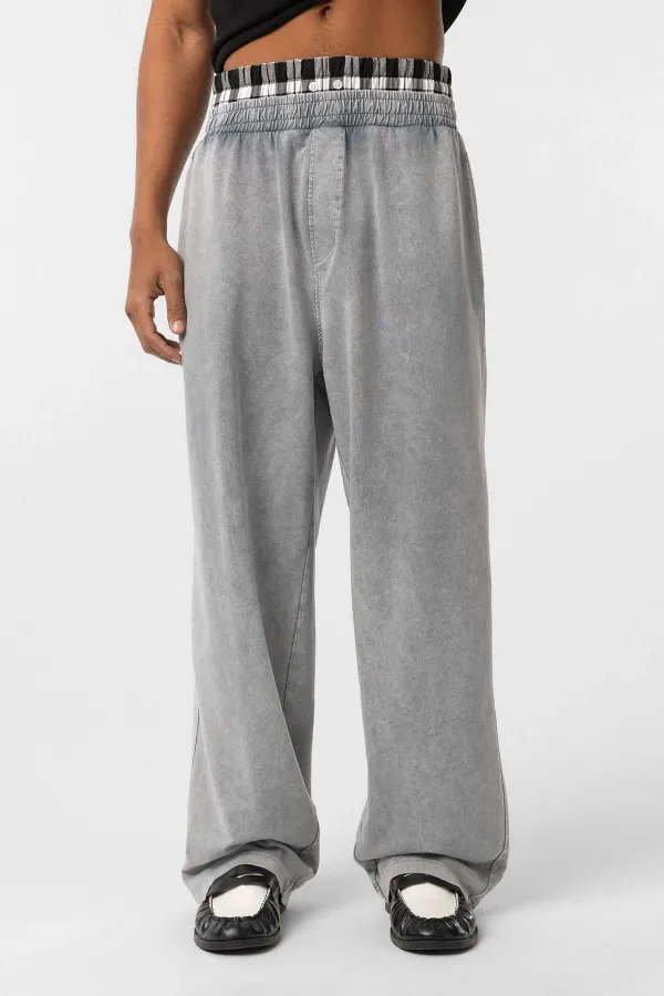 Yıkamalı Bel Detaylı Baggy Eşofman Alt Gri