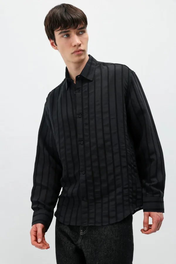 Çizgili Oversize Gömlek Siyah