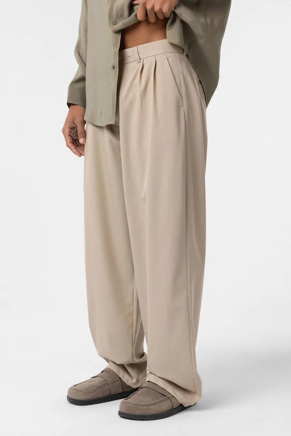 Baggy Fit Pleated Fabric Pants Stone