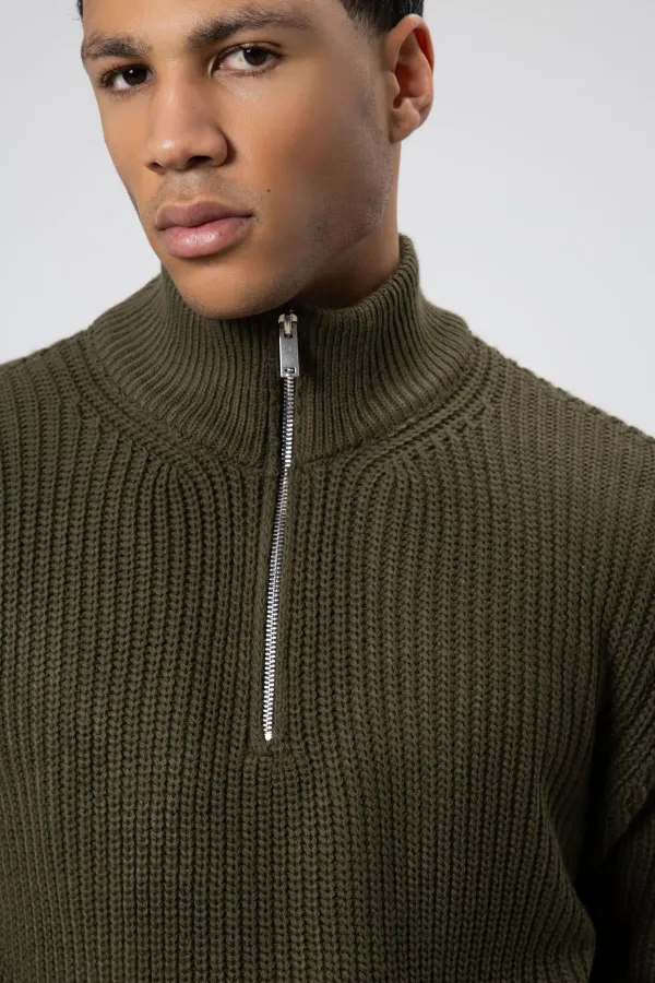 Fermuarlı Örme Triko Kazak Haki