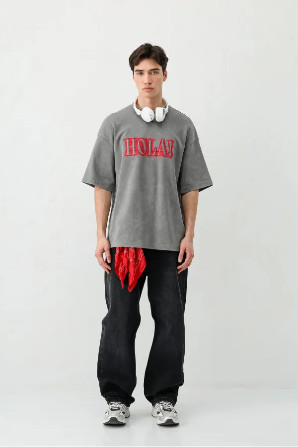 Yıkamalı Baskılı Oversize Tişört Füme