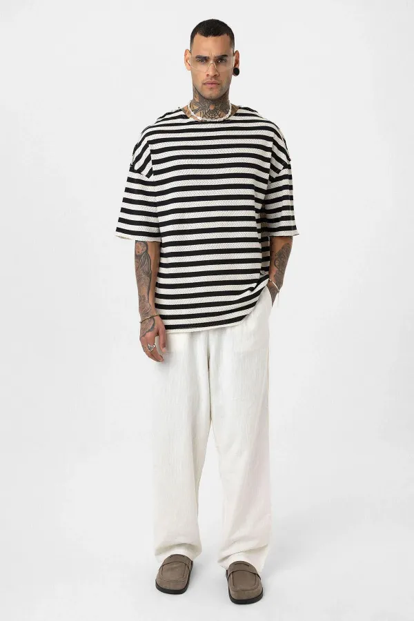 Striped Oversize Knit T-Shirt Black