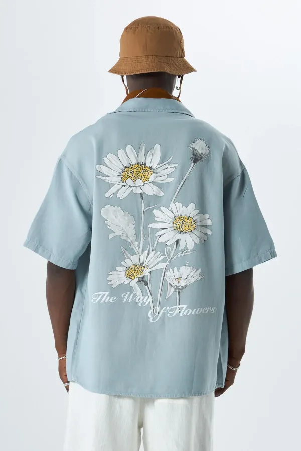 Yıkamalı Oversize Arka Baskılı Kısa Kol Cepsiz Gömlek Açık Gri