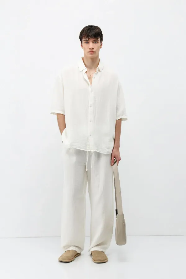 Ensemble en lin et mousseline coupe décontractée, écru