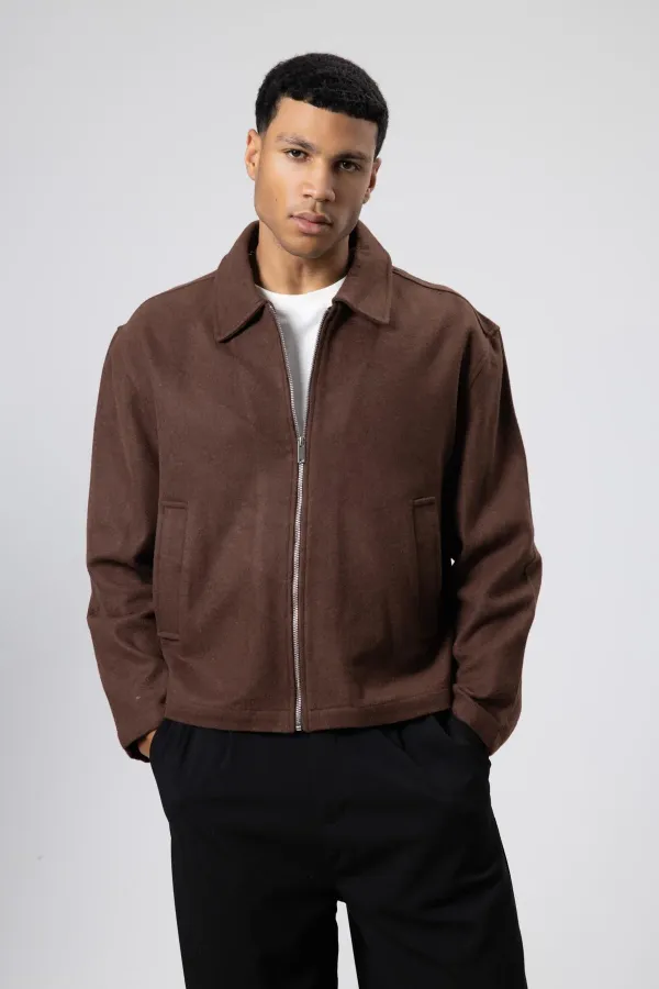 Oversize Fermuarlı Kaşe Ceket Kahve