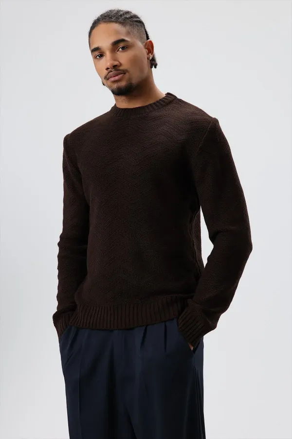 Crew Neck Oversize Knitted Sweater, Coffee
