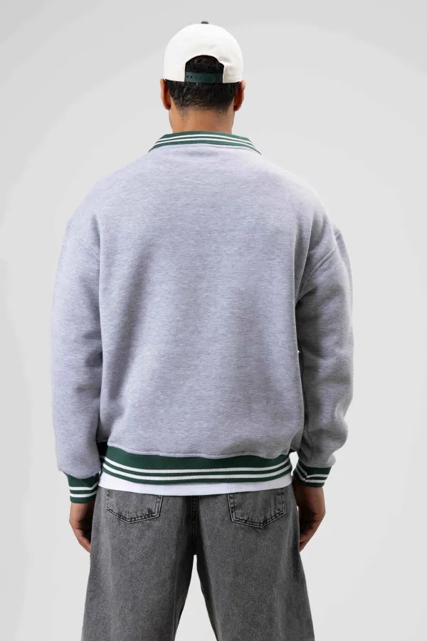 Sweat-shirt gris chiné à col oversize brodé