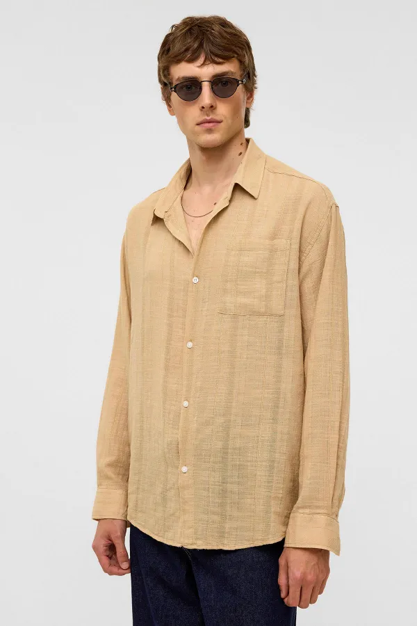 Chemise oversize rayée à manches longues en lin, couleur vison