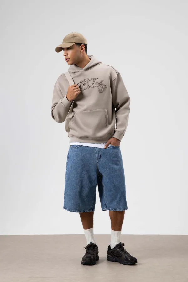 Oversize Baskılı Kapüşonlu Sweatshirt Açık Vızon