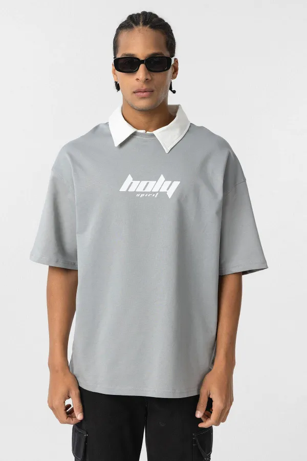 Polo Yaka Oversize Baskılı Tişört Gri