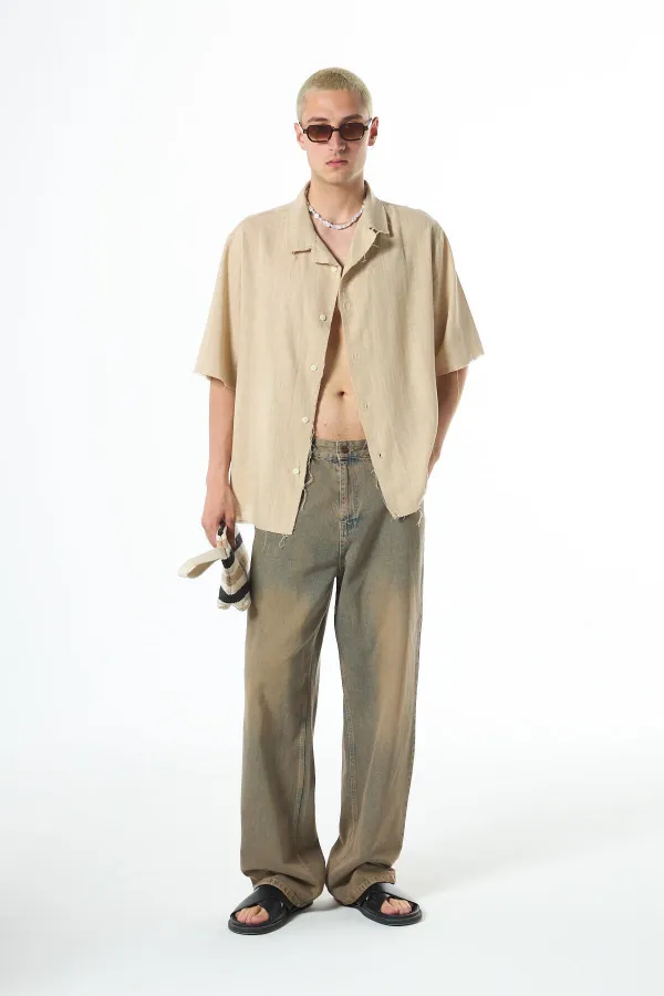 Dikişsiz Kısa Kol Cepsiz Oversize Keten Gömlek Bej