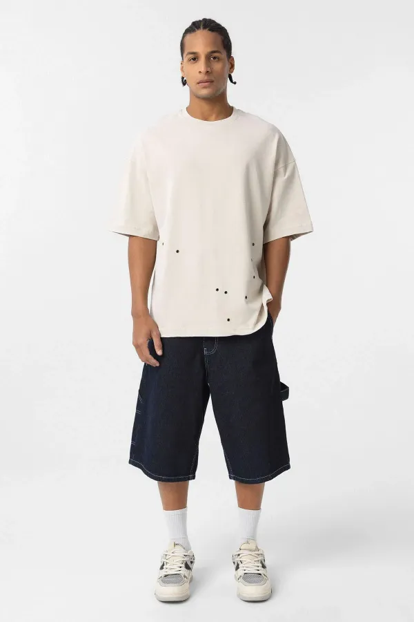 Yıkamalı Metal Detaylı Oversize Tişört Taş