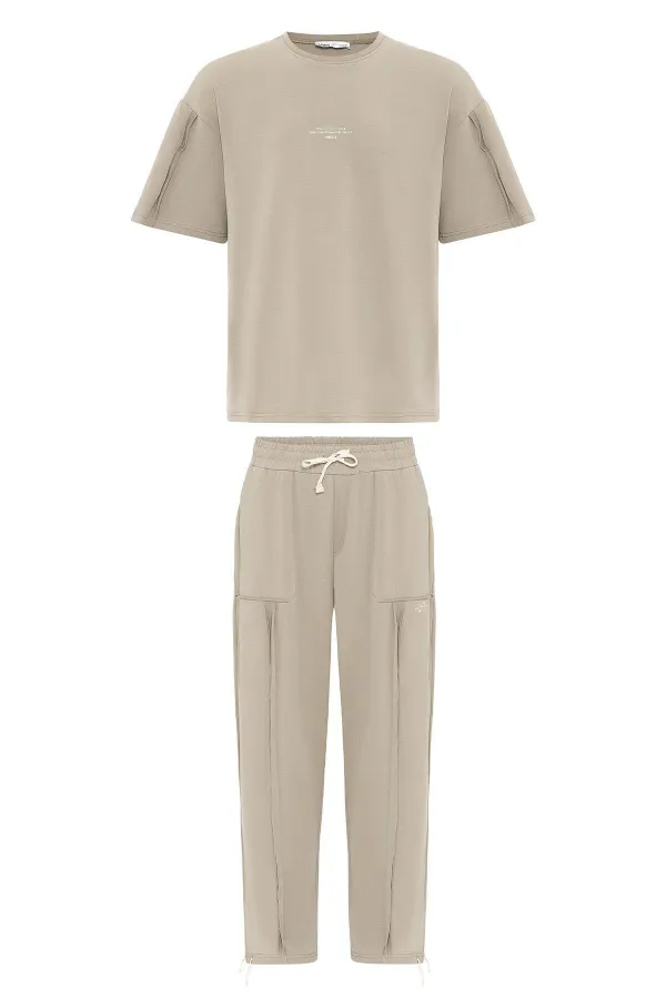 Baskılı Stoper Paça Eşofman Takım Vizon