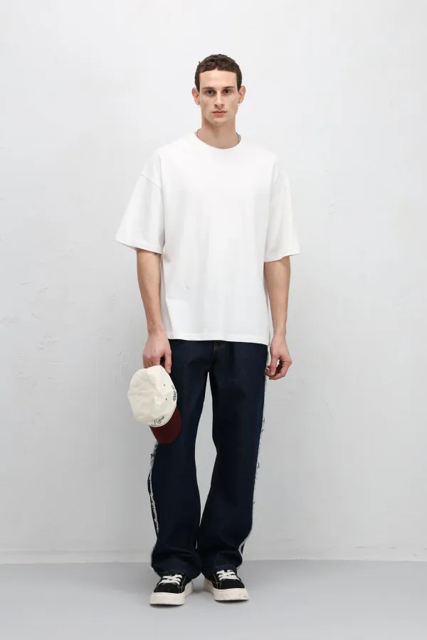 Jean ample à coutures latérales, bleu foncé