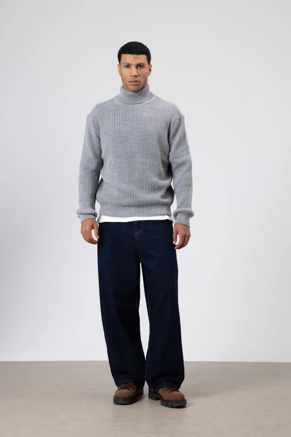 Oversize Triko Boğazlı Kazak Gri Melanj