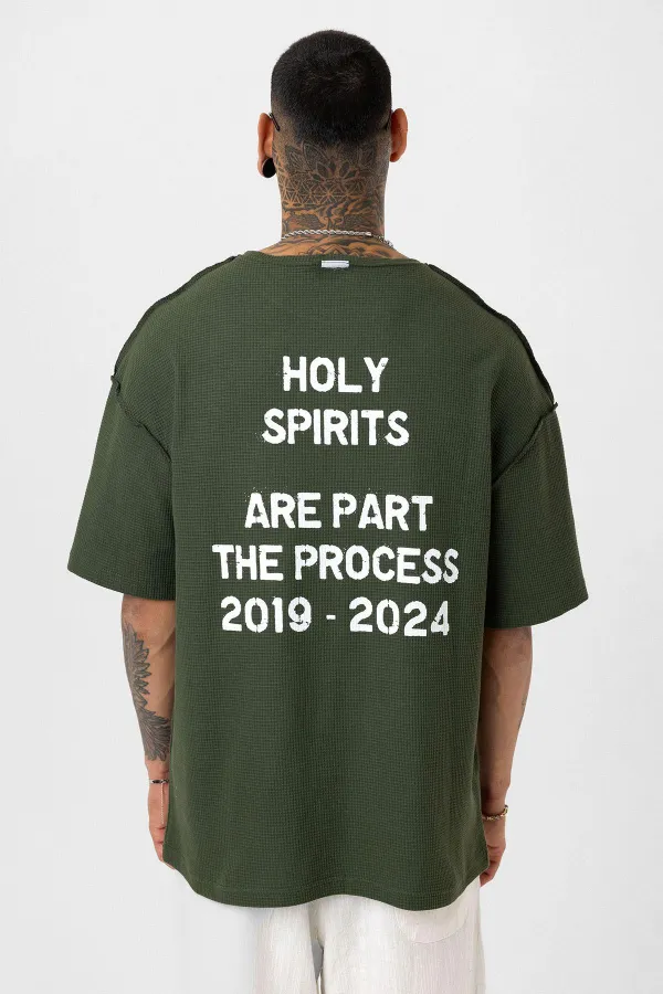 Arka Yazı Baskılı Oversize Triko Tişört Haki