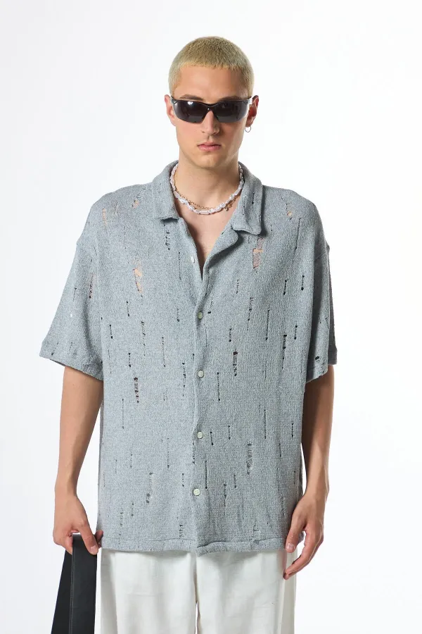 Oversize Deliklı Triko Gömlek Gri
