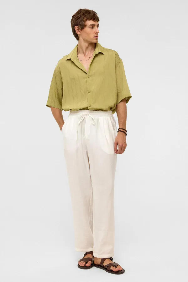 Oversize Striped Short-Sleeved Modal Fabric Shirt, Green