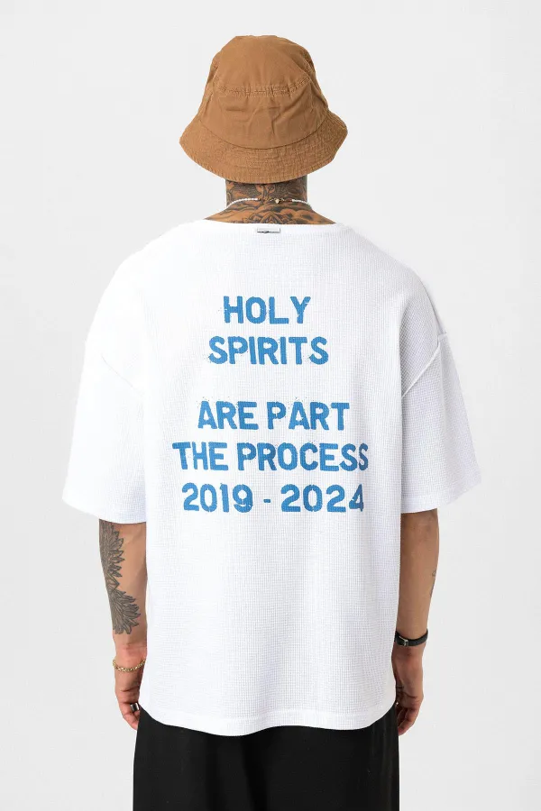 Arka Yazı Baskılı Oversize Triko Tişört Beyaz