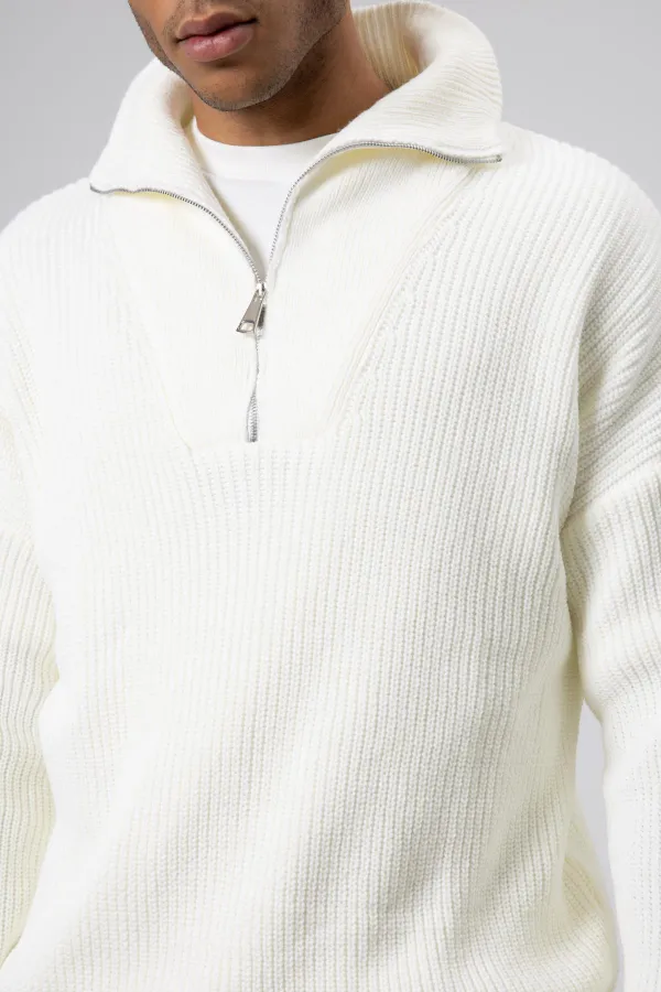 Yarım Fermuarlı Triko Kazak Ekru