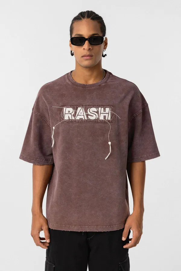 Yıkamalı Oversize Baskılı Tişört Kahve