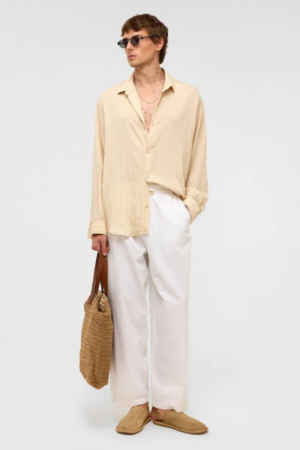 Oversize Long-Sleeve Modal Fabric Shirt, Beige