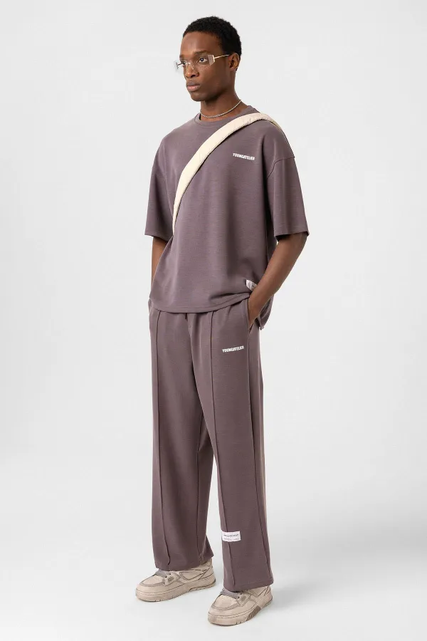 Label Detailed Oversize Modal Fabric Tracksuit Set Coffee