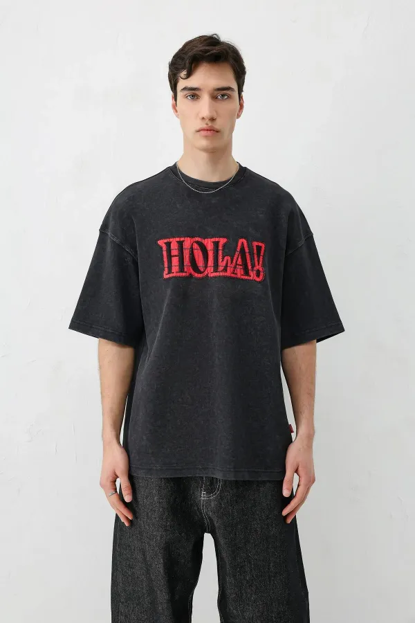 Yıkamalı Baskılı Oversize Tişört Siyah