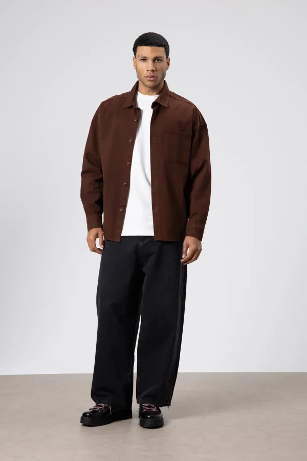 Oversize Gabardin Gömlek Ceket Kahve