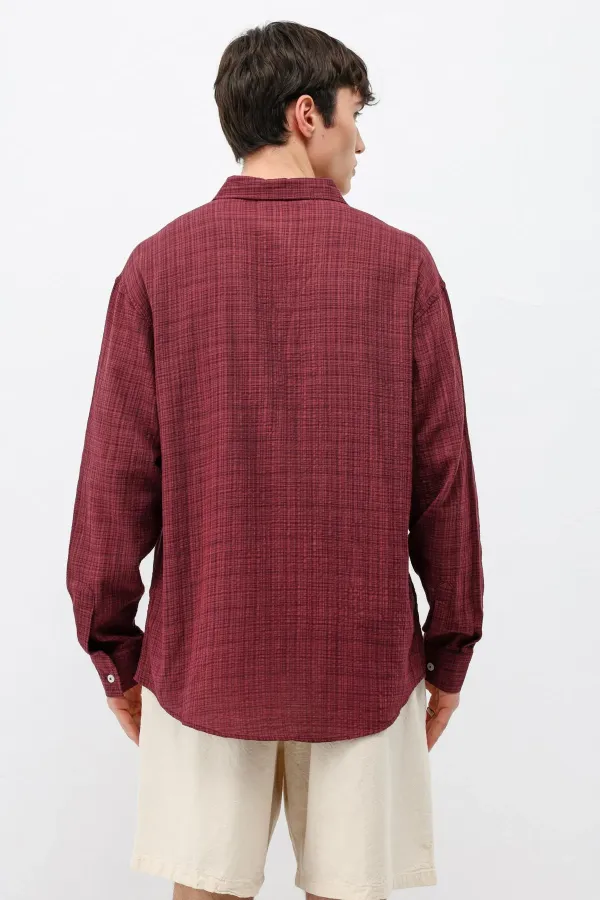 Dokulu Keten Görünümlü Oversize Gömlek Bordo