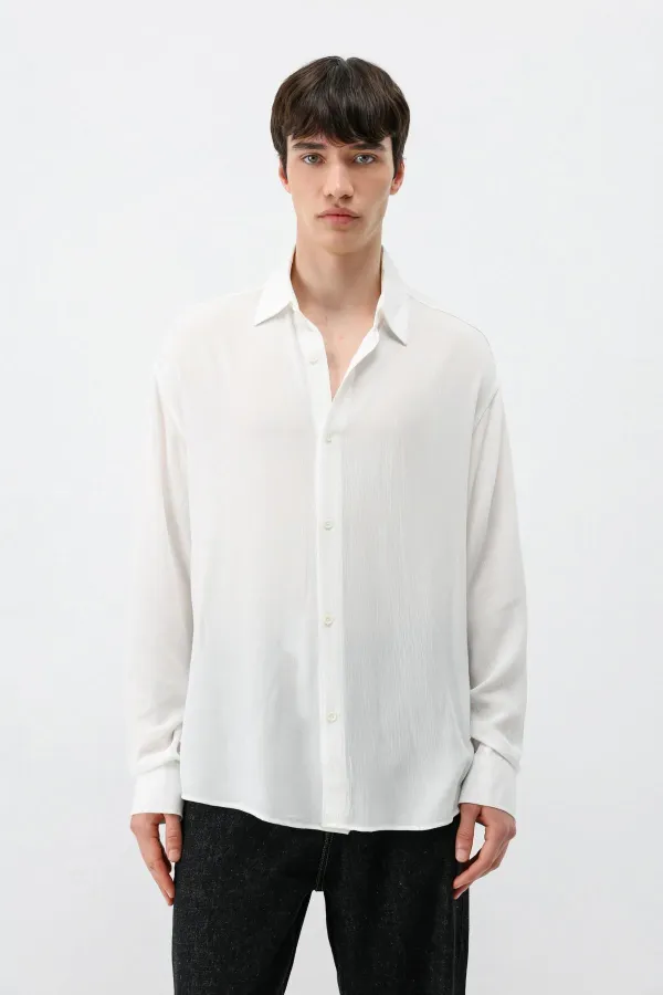 Hafif Dokulu Oversize Gömlek Ekru