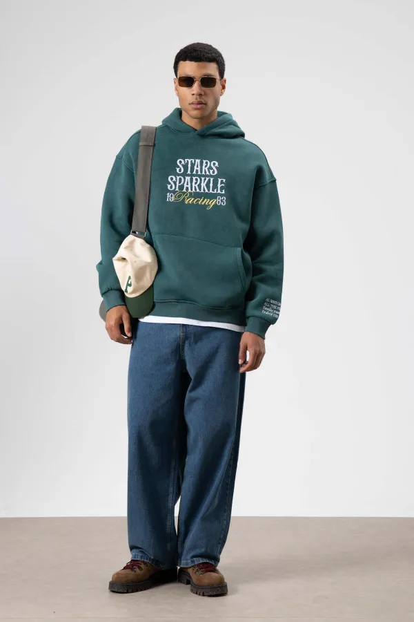Oversize Nakış Baskılıkapüşonlu Sweatshirt Nefti