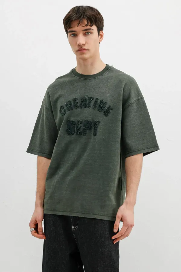 Yıkamalı Yazı Baskılı Oversize Tişört Nefti