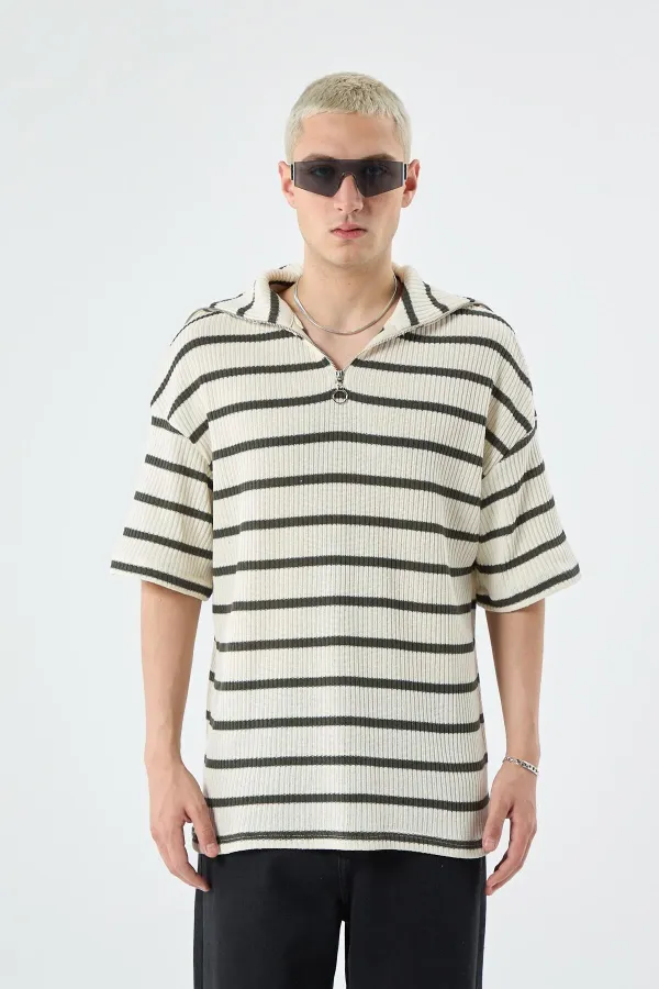 Oversize Çizgili Fermuarlı Yaka Triko Tişört Haki