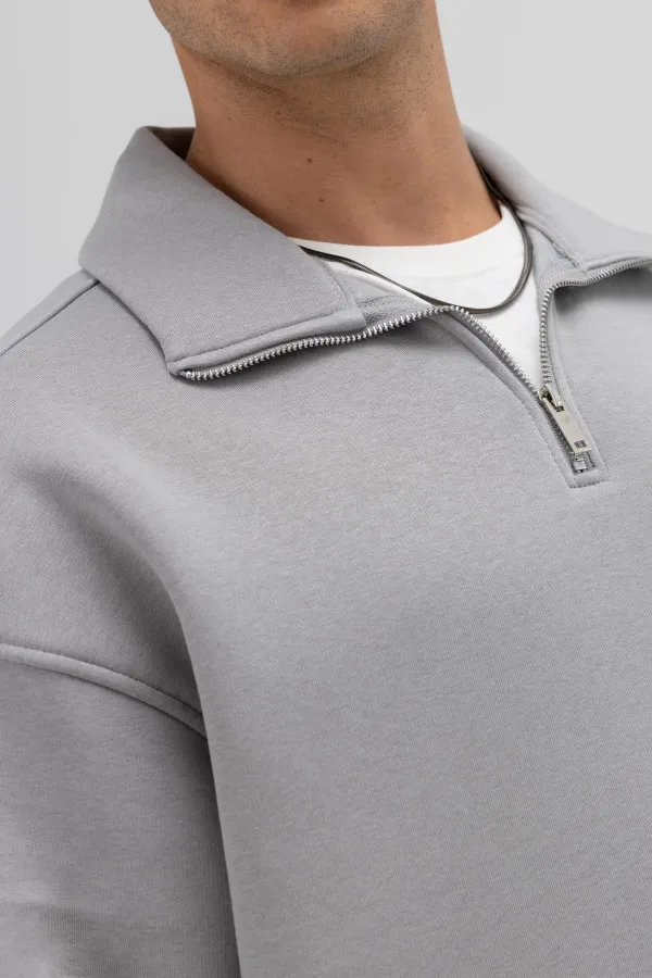 Oversize Fermuarlı Dik Yaka Sweatshirt Gri