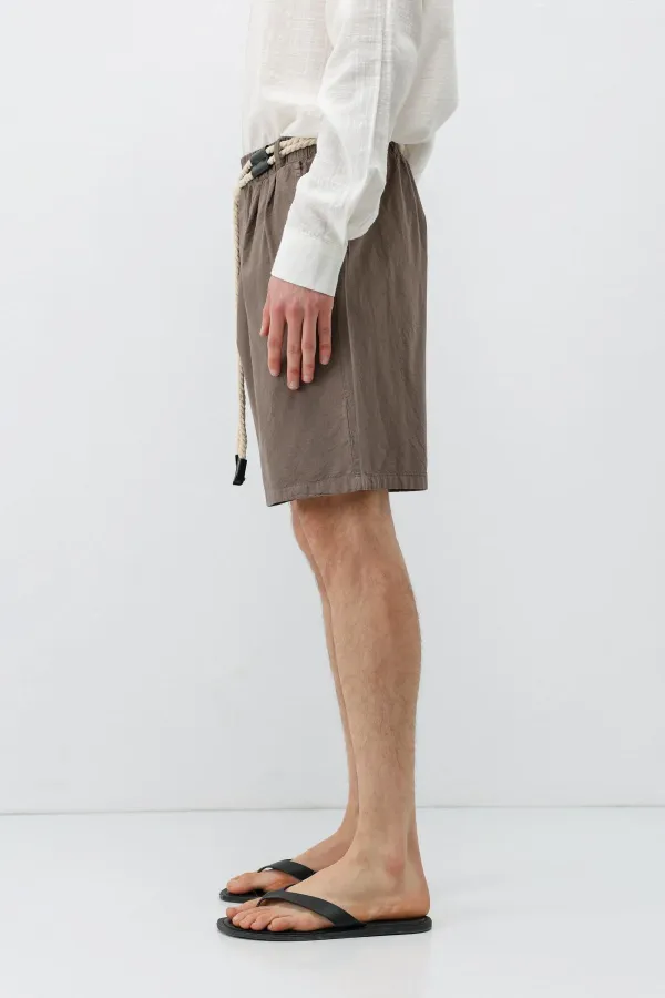 Kemerli Oversize Keten Şort Vizon