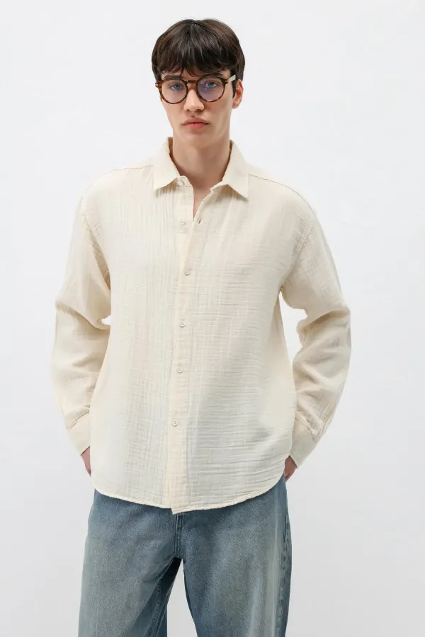 Dokulu Pamuklu Oversize Gömlek Naturel