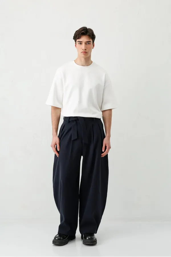 Barrel Fit Tailored Fit Kemerli Pantolon Lacivert