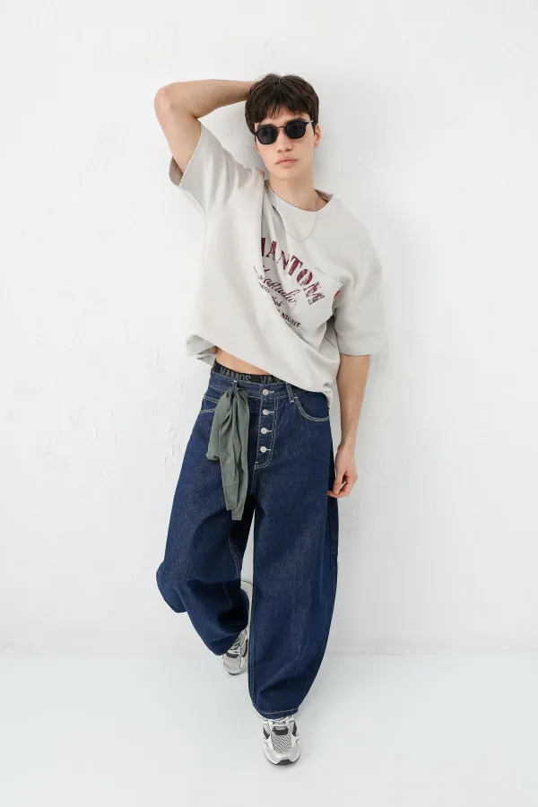 Kısa Kollu Boxy Fit Baskılı Tişört Gri