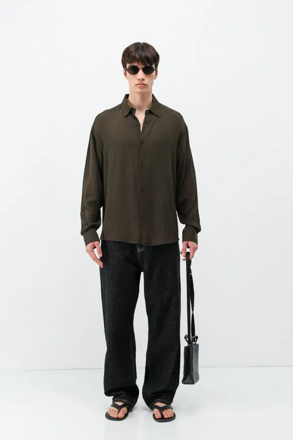 Hafif Dokulu Oversize Gömlek Kahve