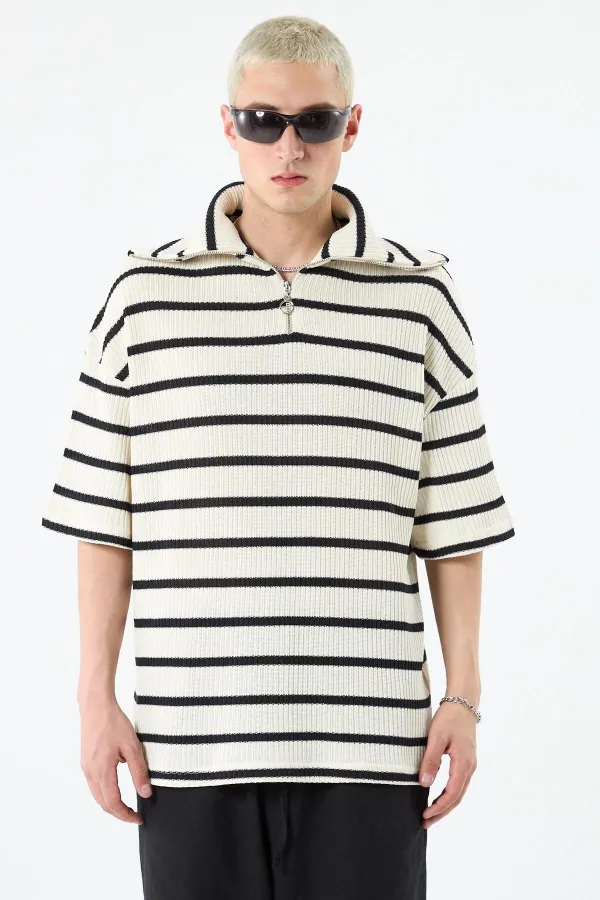 Oversize Çizgili Fermuarlı Yaka Triko Tişört Ekru