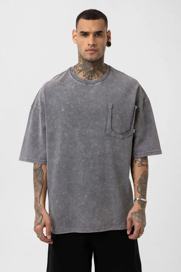 Yıkamalı Cep Detaylı Oversize Tişört Açık Füme